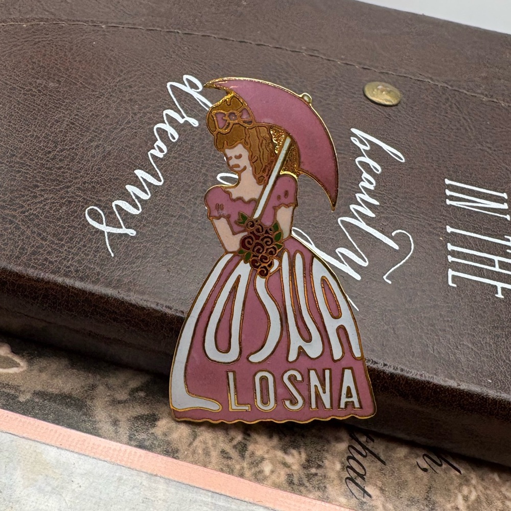 Vintage LOSNA Pink Enamel Lady Parasol Brooch Figural Pin